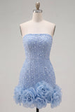 Robe de bal bleue bodycon Bodycon Strapless avec fleurs 3D