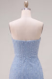 Robe de bal bleue bodycon Bodycon Strapless avec fleurs 3D