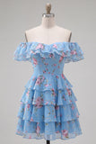 Robe de bal à fleurs bleue à trajets en A à étages dénudée avec dentelle dans le dos