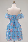 Robe de bal à fleurs bleue à trajets en A à étages dénudée avec dentelle dans le dos
