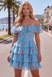 Robe de bal à fleurs bleue à trajets en A à étages dénudée avec dentelle dans le dos