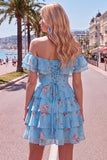 Robe de bal à fleurs bleue à trajets en A à étages dénudée avec dentelle dans le dos