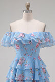 Robe de bal à fleurs bleue à trajets en A à étages dénudée avec dentelle dans le dos