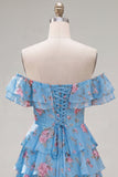 Robe de bal à fleurs bleue à trajets en A à étages dénudée avec dentelle dans le dos
