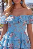 Robe de bal à fleurs bleue à trajets en A à étages dénudée avec dentelle dans le dos