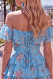 Robe de bal à fleurs bleue à trajets en A à étages dénudée avec dentelle dans le dos