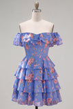 Robe de bal à fleurs bleue à trajets en A à étages dénudée avec dentelle dans le dos