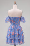 Robe de bal à fleurs bleue à trajets en A à étages dénudée avec dentelle dans le dos