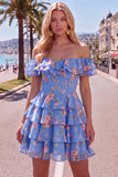 Robe de bal à fleurs bleue à trajets en A à étages dénudée avec dentelle dans le dos