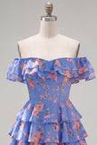Robe de bal à fleurs bleue à trajets en A à étages dénudée avec dentelle dans le dos