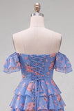 Robe de bal à fleurs bleue à trajets en A à étages dénudée avec dentelle dans le dos