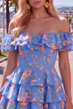 Robe de bal à fleurs bleue à trajets en A à étages dénudée avec dentelle dans le dos