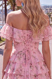 Robe de bal à fleurs bleue à trajets en A à étages dénudée avec dentelle dans le dos