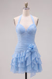 Robe de fin d’année bleue bodycon à étages avec fleurs 3D