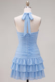 Robe de fin d’année bleue bodycon à étages avec fleurs 3D
