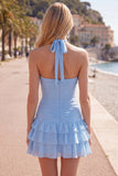 Robe de fin d’année bleue bodycon à étages avec fleurs 3D
