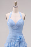 Robe de fin d’année bleue bodycon à étages avec fleurs 3D