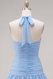 Robe de fin d’année bleue bodycon à étages avec fleurs 3D