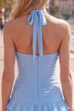 Robe de fin d’année bleue bodycon à étages avec fleurs 3D