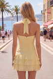 Robe de fin d’année bleue bodycon à étages avec fleurs 3D