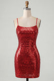 Robe courte de rentrée à la maison rouge scintillante à bretelles fines bodycon, courte rentrée à la maison avec dentelle dans le dos