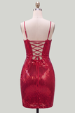 Robe courte de rentrée à la maison rouge scintillante à bretelles fines bodycon, courte rentrée à la maison avec dentelle dans le dos