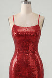 Robe courte de rentrée à la maison rouge scintillante à bretelles fines bodycon, courte rentrée à la maison avec dentelle dans le dos