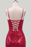 Robe courte de rentrée à la maison rouge scintillante à bretelles fines bodycon, courte rentrée à la maison avec dentelle dans le dos