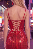 Robe courte de rentrée à la maison rouge scintillante à bretelles fines bodycon, courte rentrée à la maison avec dentelle dans le dos