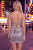 Robe courte de rentrée à la maison rouge scintillante à bretelles fines bodycon, courte rentrée à la maison avec dentelle dans le dos