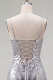 Robe courte de rentrée à la maison rouge scintillante à bretelles fines bodycon, courte rentrée à la maison avec dentelle dans le dos