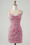 Rose poussiéreux bodycon moulant, lacet retroussé dans le dos, bretelles fines, robe courte de rentrée à la maison avec perles