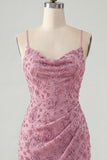 Rose poussiéreux bodycon moulant, lacet retroussé dans le dos, bretelles fines, robe courte de rentrée à la maison avec perles