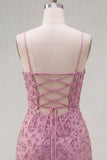 Rose poussiéreux bodycon moulant, lacet retroussé dans le dos, bretelles fines, robe courte de rentrée à la maison avec perles