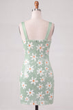 Sequins bodycon floraux verts Larges bretelles Robe courte de retour à la maison