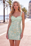 Sequins bodycon floraux verts Larges bretelles Robe courte de retour à la maison