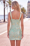 Sequins bodycon floraux verts Larges bretelles Robe courte de retour à la maison