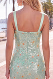 Sequins bodycon floraux verts Larges bretelles Robe courte de retour à la maison