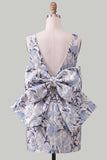 Robe de bal rose verte Bodycon Jacquard à col bateau fleuri avec grand nœud
