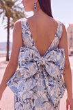 Robe de bal rose verte Bodycon Jacquard à col bateau fleuri avec grand nœud