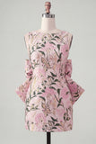 Robe de bal rose verte Bodycon Jacquard à col bateau fleuri avec grand nœud
