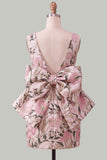Robe de bal rose verte Bodycon Jacquard à col bateau fleuri avec grand nœud