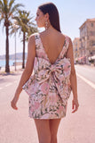 Robe de bal rose verte Bodycon Jacquard à col bateau fleuri avec grand nœud