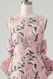 Robe de bal rose verte Bodycon Jacquard à col bateau fleuri avec grand nœud