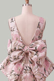 Robe de bal rose verte Bodycon Jacquard à col bateau fleuri avec grand nœud
