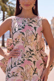 Robe de bal rose verte Bodycon Jacquard à col bateau fleuri avec grand nœud