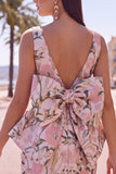 Robe de bal rose verte Bodycon Jacquard à col bateau fleuri avec grand nœud