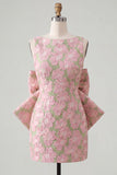 Robe de bal rose verte Bodycon Jacquard à col bateau fleuri avec grand nœud