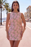Robe de bal rose verte Bodycon Jacquard à col bateau fleuri avec grand nœud