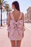 Robe de bal rose verte Bodycon Jacquard à col bateau fleuri avec grand nœud